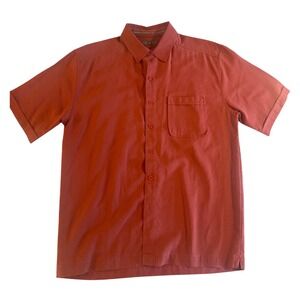 REI Mens Short Sleeve Button Down Shirt Rust Orange Textured Rayon Blend Small